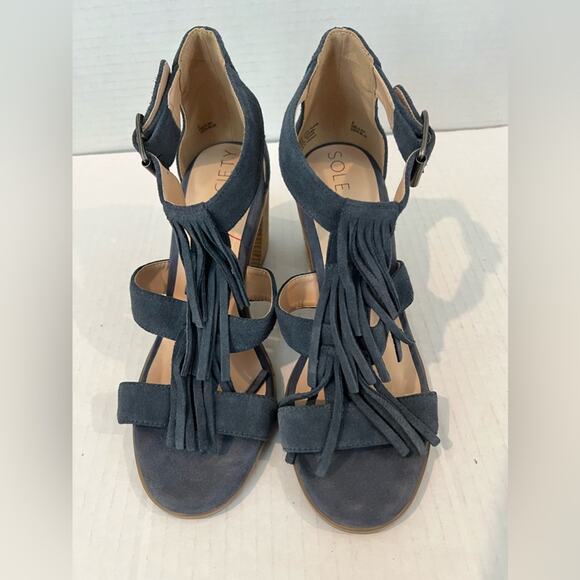 SOLE SOCIETY Women's Delilah Suede Leather Fringe Block Heel Sandal Shoes Blue 9 - Picture 2 of 12